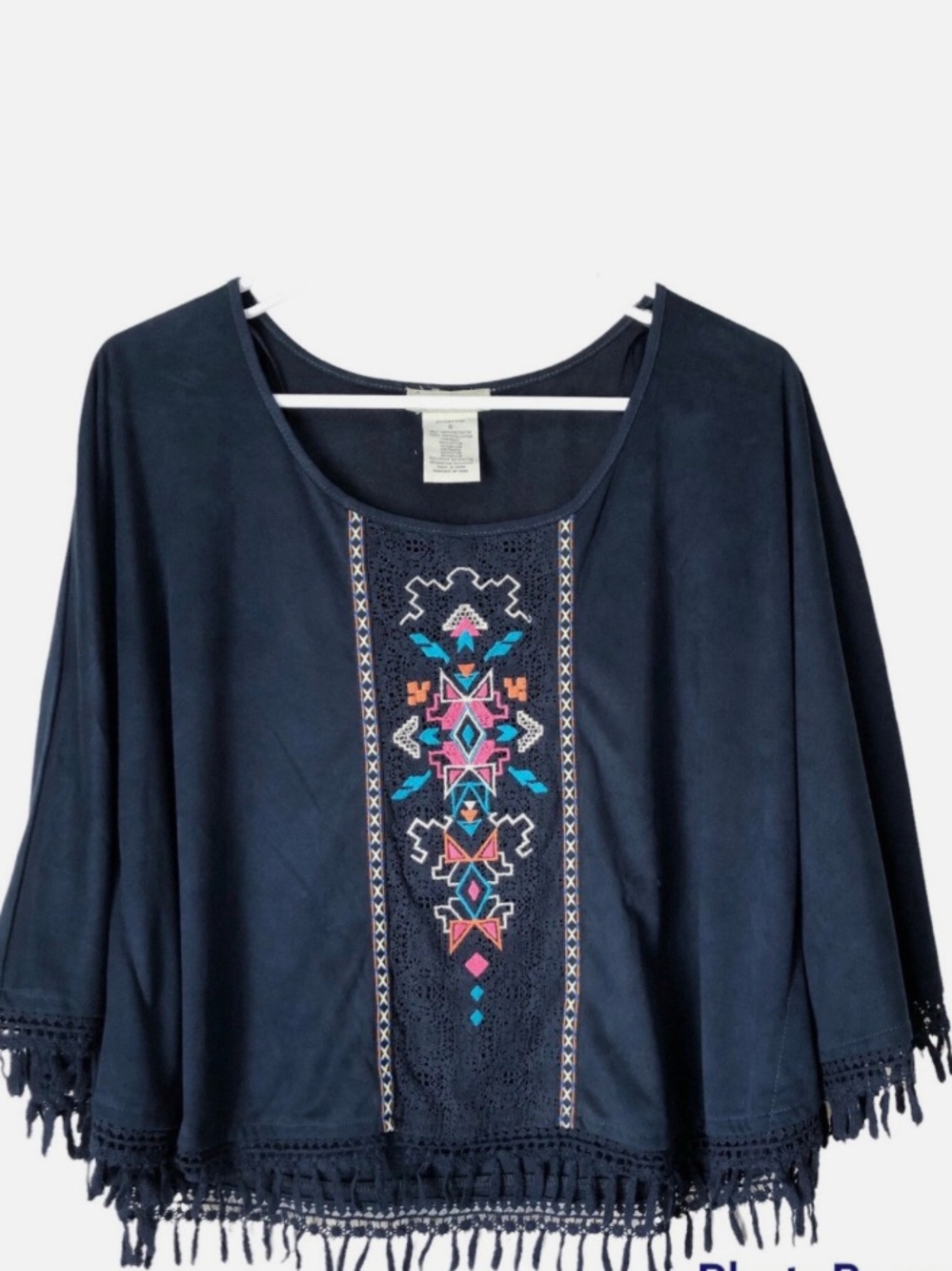 Flying Tomato Navy Embroidered Fringe Boho Top M